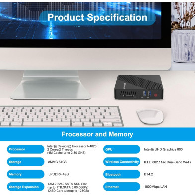 MINIS FORUM Mini PC Fanless 4GB DDR4/64GB eMMC Procesador Intel Celoren N4020 Mini computadora de Escritorio,Puerto HDMI y