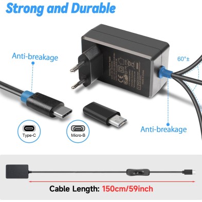 Miuzei Raspberry Pi 4 y 5 3 Fuente de alimentación 5V 4,1 A 20,5W USB C Power Supply con Interruptor de Encendido/Apagado