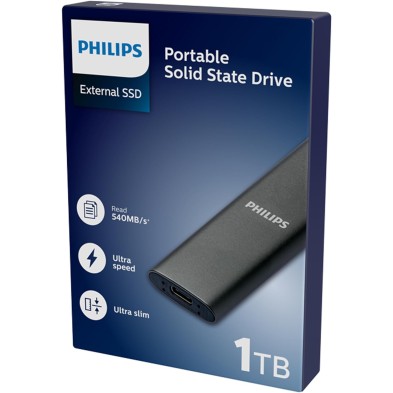Philips Portable Externe SSD 500 GB, Delgado, SATA Speed ​​USB-C, USB, Lectura hasta 540 MB/s, Escritura hasta 520 MB/s,