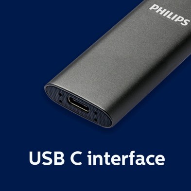 Philips Portable Externe SSD 500 GB, Delgado, SATA Speed ​​USB-C, USB, Lectura hasta 540 MB/s, Escritura hasta 520 MB/s,