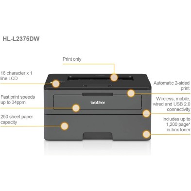 Brother HLL2375DW - Impresora láser monocromo con red cableada, Wifi y dúplex (34 ppm, USB 2.0, Wifi Direct, procesador de 600