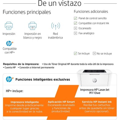 HP LaserJet M110w 7MD66F, Impresora Láser A4 Monocromo - Impresión Doble Cara Manual (20 ppm, Wi-Fi, Wi-Fi Direct, USB 2.0,