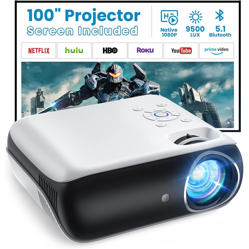 Proyector Bluetooth, 1080P Nativo 9500L Portátil 4K Soporte, [Pantalla Incluida] Mini Proyector Casa Cine para Smartphone/PC/TV