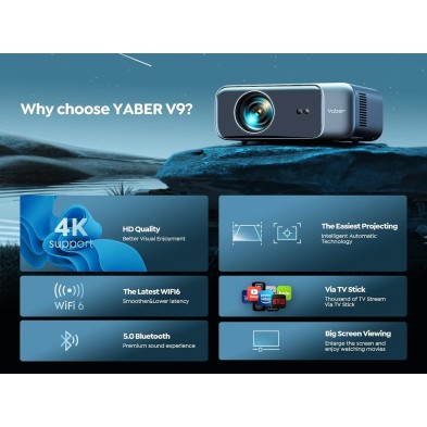 Auto Focus/KeystoneProyector WiFi Bluetooth 4K Soporte, 20000 Lúmenes YABER Proyector WiFi 6 Full HD 1080P Nativo Proyector