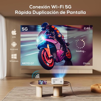 Proyector Portátil 5G WiFi Bluetooth con Tripode, 13000 Lumens Proyector 4K Compatible Full HD 1080P Nativo, AKIYO O7 Proyector