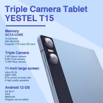 YESTEL Tablet 11 Pulgadas Android 13 con 16GB RAM 256GB ROM (1TB TF), 2K 2000 x 1200 IPS, 4 Altavoces, 3 Cámaras, GPS, Carga
