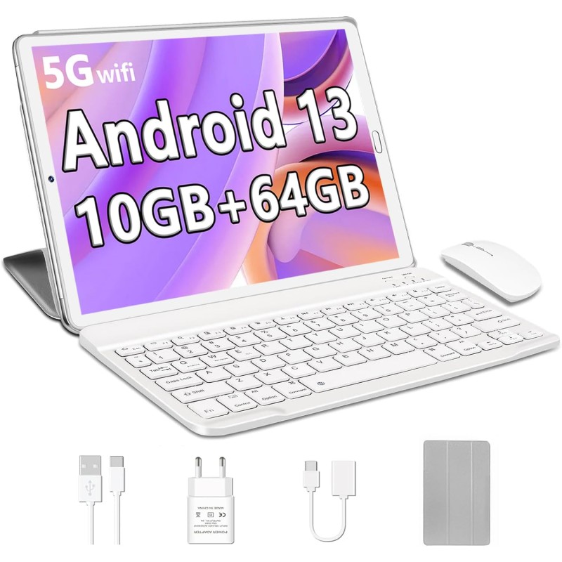 YESTEL Tablet 10 Pulgadas Android 13 con 10 GB RAM + 64 GB ROM (1 TB Ampliable), GPS, 5G Wi-Fi, BT 5.0, 8 Core CPU, 5MP + 8MP,