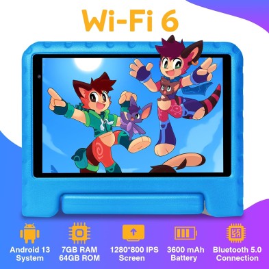 Tablet Para Niños 8 Pulgadas con Wi-Fi 6, Android 13, 7GB RAM + 64GB ROM (1TB TF), GPS, 1280*800 HD Tablet Niños con BT5.0,