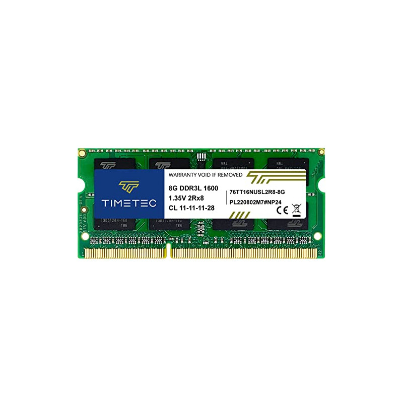 Timetec 8GB DDR3L 1600MHz PC3L-12800 No ECC Sin búfer 1.35V/1.5V CL11 2Rx8 Dual Rank 204 Pin SODIMM Notebook PC Memoria RAM módu