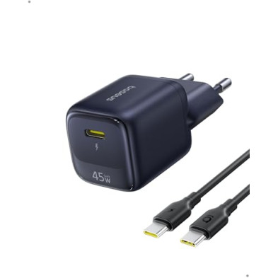Baseus Cargador USB C 45W GAN con Cable 1 m, Adaptador Carga rápida PPS PD para Samsung S25 Ultra/S24, iPhone 17/16/15 Pro MAX, 