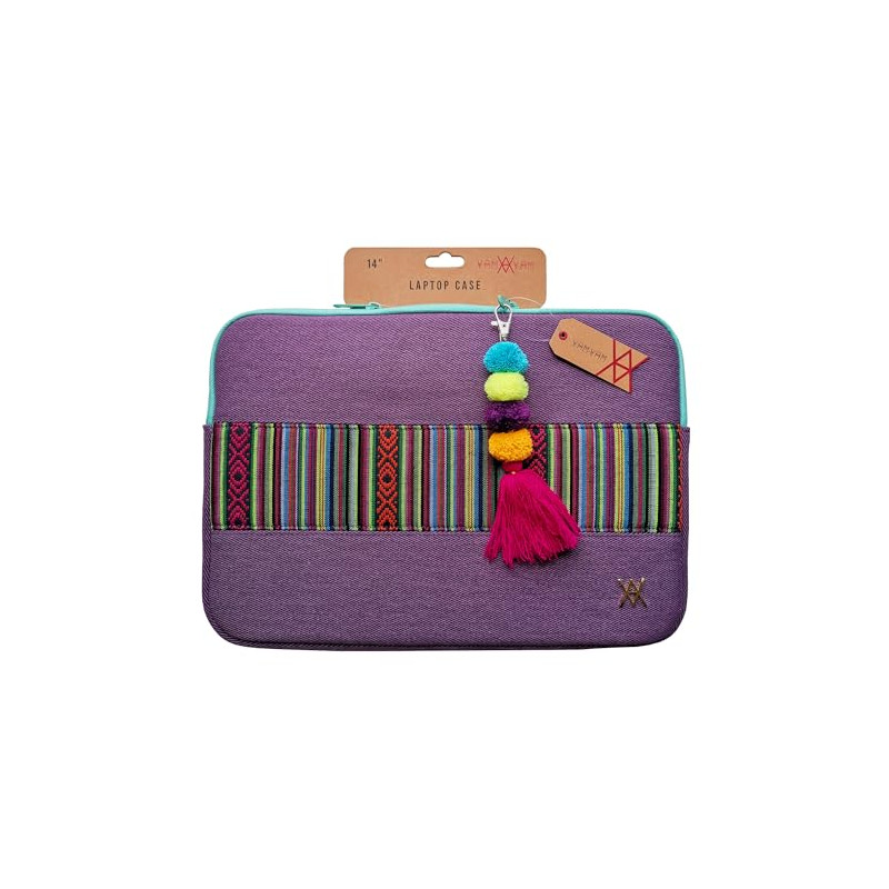 WONDEE Vam Vam Funda Portátil 14" Pulgadas de Tela Bordada Estilo Étnico y Original Tirador Llavero - Maletín/Funda Ordenador Po