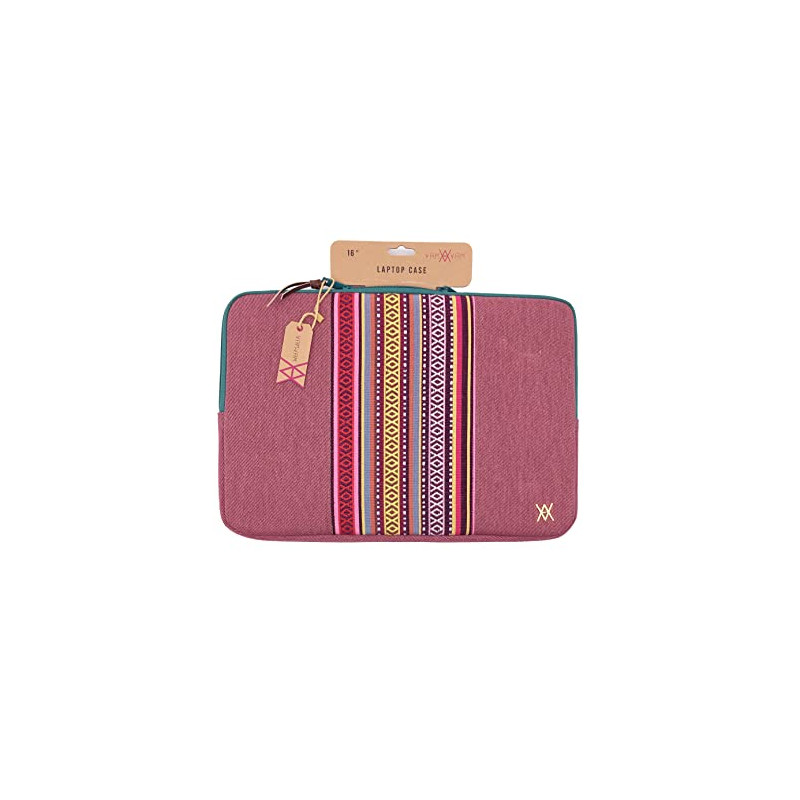WONDEE Funda de Ordenador Portátil de hasta 16" Color Cereza con Franja Decorativa de Tela de Estilo étnico - Funda 15/15.6/16 P