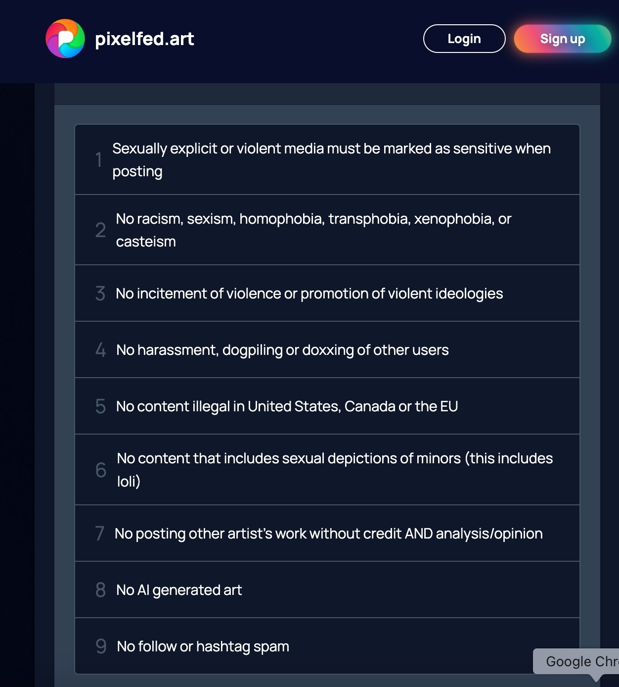 El servidor de Pixed reglas al registrarse. Crédito: Piexelfed